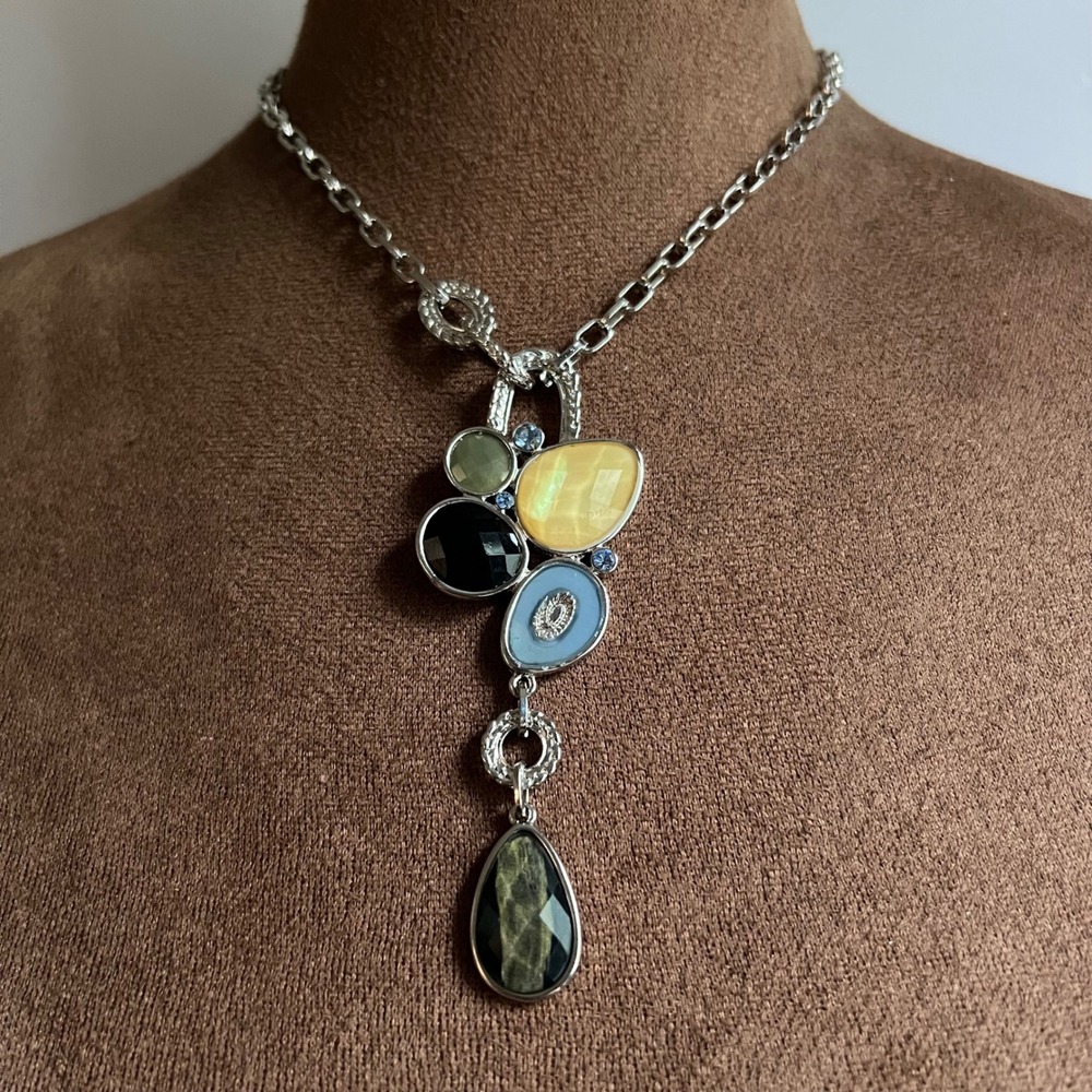 Lia Sophia Silver Tone Multi Color Stone Resin Pendant Necklace 18 Inch Size 18